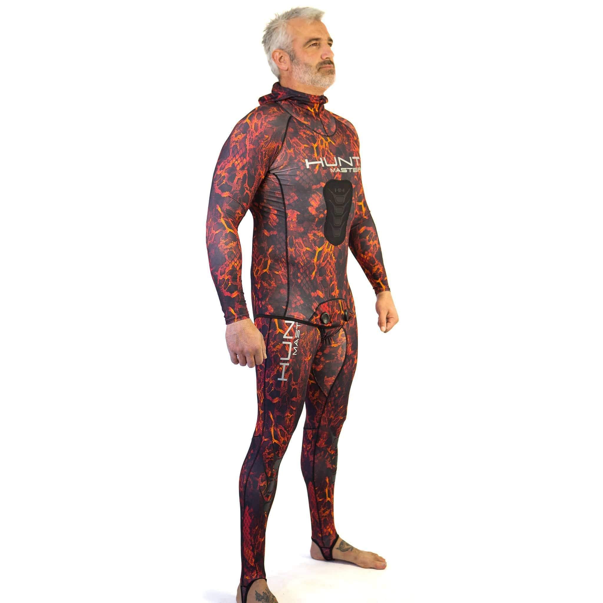 Hooded Spearfishing Rashguard Top and Long John Pants With Chest Pad Combo - Camo - Unisex - Red
